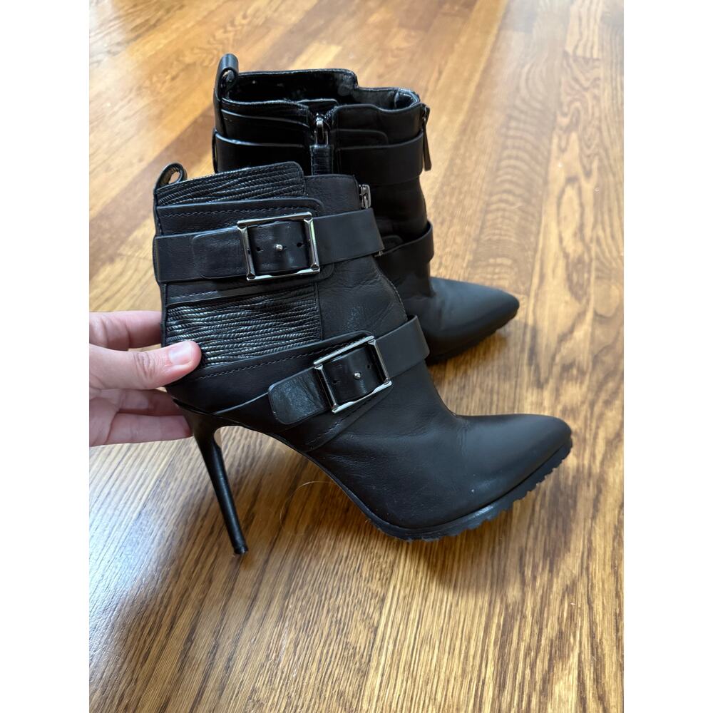 BCBGMaxAzria Alec Black Leather Buckled Combat Pointed Toe Stiletto Booties 8M